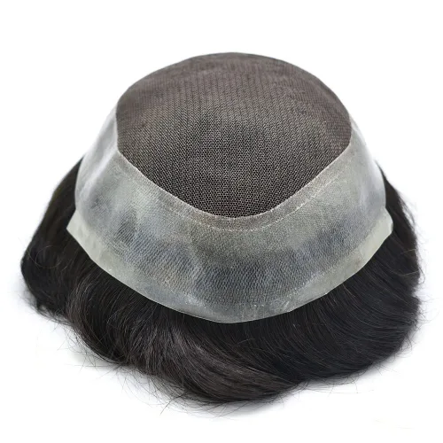 Miniatura 5 de Toupee para hombres, centro de encaje francés, extensiones de cabello humano, sistema de reemplazo de encaje con piel fina, prótesis de cabello gris