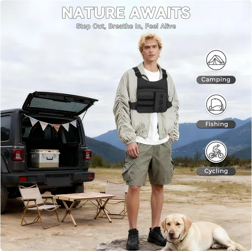 Miniatura 8 de Criuage Bolsa de pecho al aire libre para hombres, chaleco ligero y ajustable, resistente al agua, paquete de pecho EDC con bolsillo para botella
