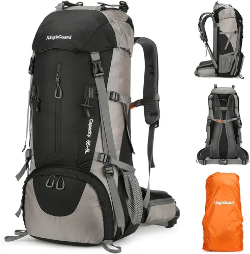 King'sGuard Mochila de senderismo de 70L con cubierta de lluvia, mochila de viaje impermeable ligera para acampar, mochila grande Negro
