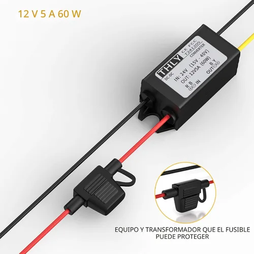 Miniatura 2 de Convertidor de 24 V a 12 V, convertidor descendente CC-CC, convertidor de voltaje de potencia de 5 A 60 W con fusible impermeable, transformador