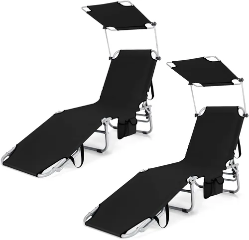 S AFSTAR Juego de 2 sillas plegables para exteriores, sillas de playa con toldo de 360°, respaldo de 5 posiciones y reposapiés de 2 posiciones, Beige