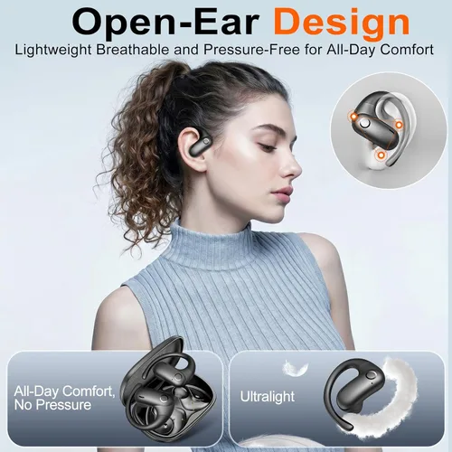 Miniatura 2 de kurdene Auriculares inalámbricos Bluetooth 5.4, auriculares abiertos con sonido de graves profundos, auriculares de 60 horas de reproducción, ajuste