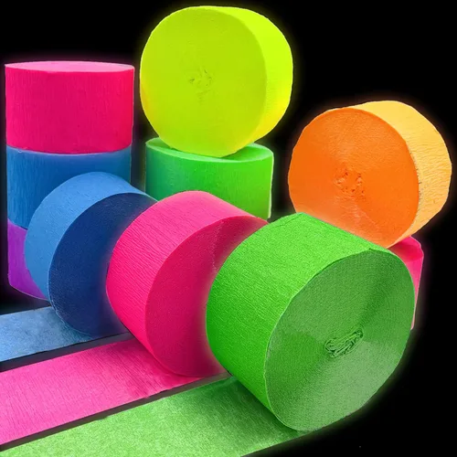 Serpentinas de papel crepé de 600 pies que brillan en los rayos UV, decoraciones de neón que brillan en la oscuridad, luz negra, reactivo,