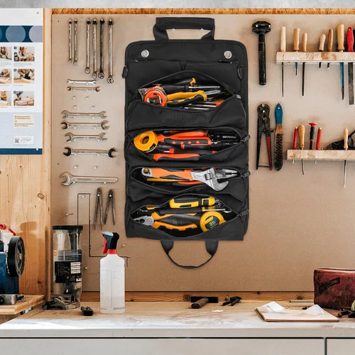 Miniatura 4 de Bolsa de herramientas, bolsas de herramientas para hombres, organizador de herramientas resistente, bolsa de herramientas enrollable portátil, Negro