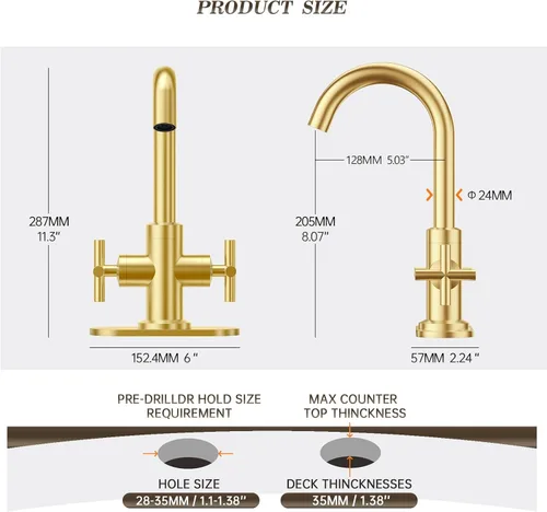 Miniatura 5 de Phiestina SGF0310-BG - Grifo de lavabo de baño de oro cepillado, grifo de tocador de un solo orificio o 3 agujeros, con boquilla giratoria de 360