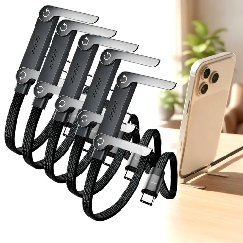Miniatura 10 de Cable de carga trenzado de 240W con soporte para teléfono incorporado, 2026 Nuevo cable USB-C plegable y duradero de 90 grados, cable de carga 3
