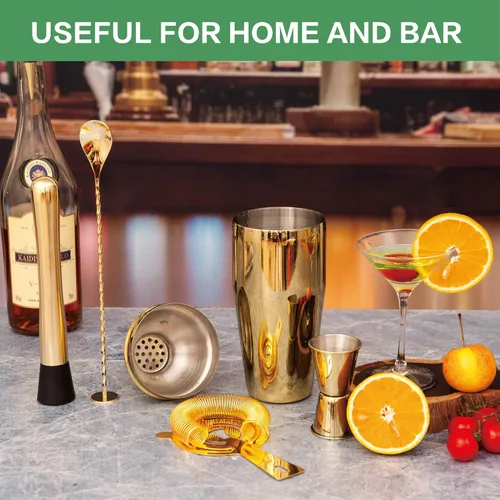 Miniatura 4 de Juego de coctelera de barman, juego de 5 piezas de barra de acero inoxidable para barman profesional y hogar (dorado, 5 piezas)