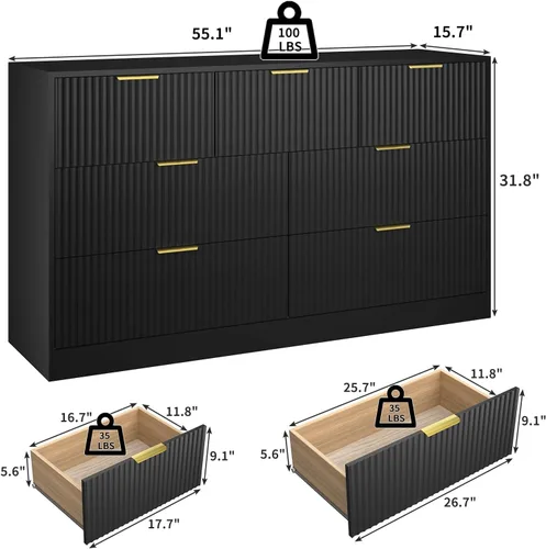 Cómoda negra con 7 cajones, cómoda acanalada de 55 pulgadas de ancho para dormitorio con mango de metal, cómoda, soporte de TV de madera para Negro
