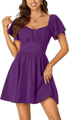 Miniatura 12 de Rooscier Minivestido acampanado de manga corta con volantes, cuello cuadrado, envolvente y espalda anudada para mujer
