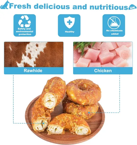 Miniatura 3 de Golosinas para perros de larga duración para perros grandes, dientes limpios envueltos en pollo, donas de cuero crudo, 1 lb/454 g