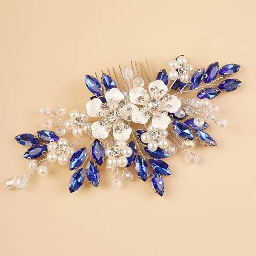 Miniatura 5 de Peine de pelo con diamantes de imitación de cristal azul plateado, perlas, lágrima, diamantes de imitación, diadema de boda para mujeres y niñas