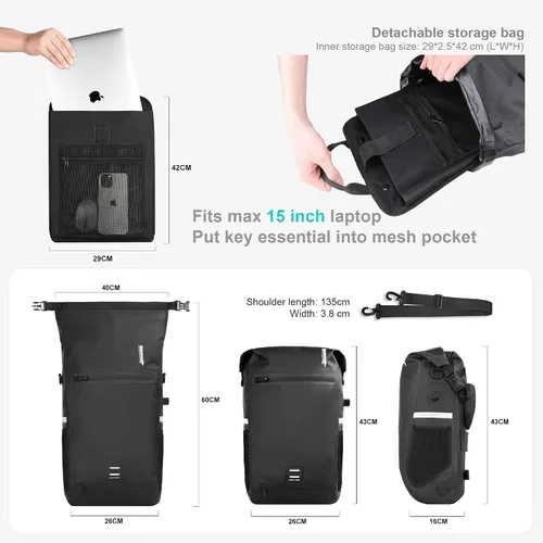 Miniatura 2 de Rhinowalk Bolsa de alforja para bicicleta, impermeable, 22L, bolsa de maletero trasera para ciclismo, ciclismo, viajes, equitación Negro