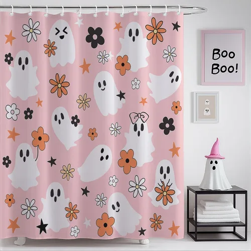 Miniatura 8 de Mocsicka Cortina de ducha rosa de Halloween, bonita decoración de baño de fantasma, cortina de ducha de fantasma floral genial, cortina de baño