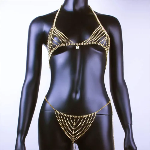 Miniatura 2 de Koleso - Conjunto de bikini con diamantes de imitación para mujer, con cadena de cintura para el vientre, cadena erótica, ropa