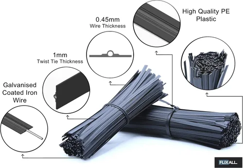 Miniatura 2 de Paquete de 100 lazos de torsión de 5 pulgadas, reutilizables, de alta calidad, con revestimiento de plástico negro para bolsas, cables, lazos
