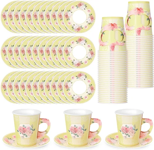 Zopeal 100 piezas desechables para decoración de fiesta de té, taza de papel floral de 9 onzas con asa y platillo para el día de la madre, boda,
