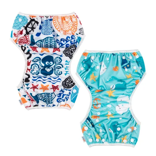 Miniatura 59 de Alva, Pañales de bebé para nadar, paquete de 2 unidades, talle único, reutilizable, lavable y ajustable de 0 a 36 meses. Tamaño de 10 a 40 lbs