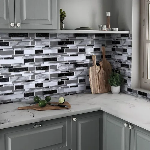 Miniatura 9 de Loseta en muro adhesiva de color blanco y negro para cocina, papel tapiz removible de 11.8 x 196.8 pulgadas, papel adhesivo con azulejos para baño