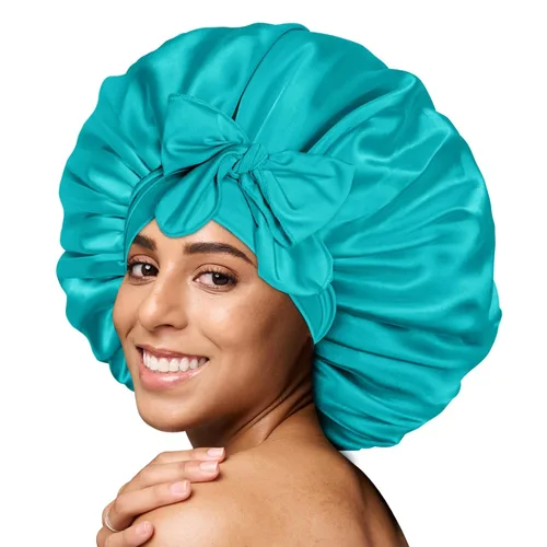 Miniatura 24 de Gorro de satén de seda para dormir con banda ancha para cabello rizado, color rosado oro rosa claro