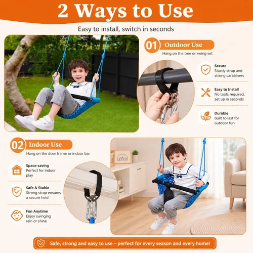 Miniatura 5 de Columpio para niños, hecho a mano, de red, con cuerda ajustable, columpios de árbol para niños, patio trasero, patio trasero, columpios para Azul