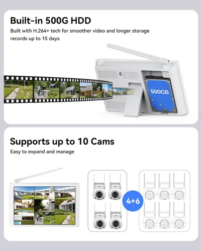 Miniatura 7 de Sistema de cámara de seguridad inalámbrica, 4 cámaras PTZ de 3MP para exteriores para vigilancia del hogar, monitor LCD NVR de 10 canales de 10