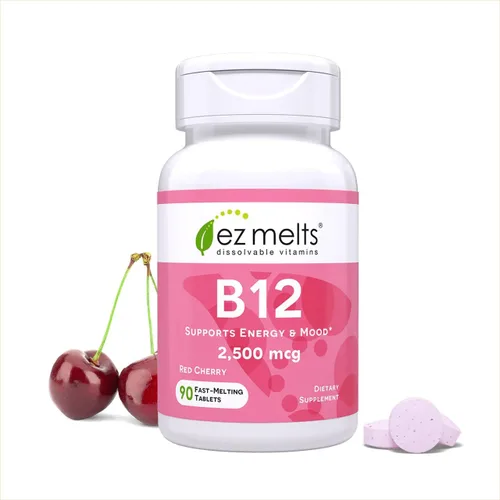 EZ Melts, Vitaminas solubles, 2 500 mcg, B12, cero azúcar, sabor natural a cereza, libre de OGM, pastillas de disolución rápida, energía y estado de