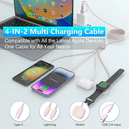 Miniatura 5 de Cable de carga 4 en 2 iWatch para reloj y iPhone, cable de carga de 6 pies/5.9 ft, combo de cargador para iPhone y reloj, cable de carga múltiple