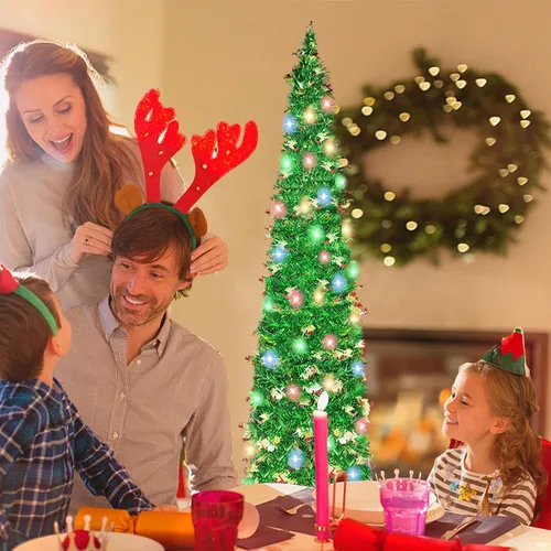 Miniatura 3 de Árbol de Navidad desplegable de 5 pies con 90 luces LED, árbol de Navidad plegable con trineo de lentejuelas y oropel delgado tipo lápiz