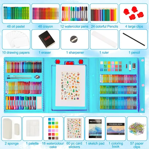 Miniatura 2 de KINSPORY Kit de arte, 290 unidades de arte para manualidades, kit de colorear, caballete triple de doble cara, pasteles al óleo, crayones y lápices