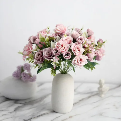 Miniatura 10 de Tableclothsfactory 4 arbustos Ramo de novia de seda artificial de 12 pulgadas, color oro rosa, flores sintéticas