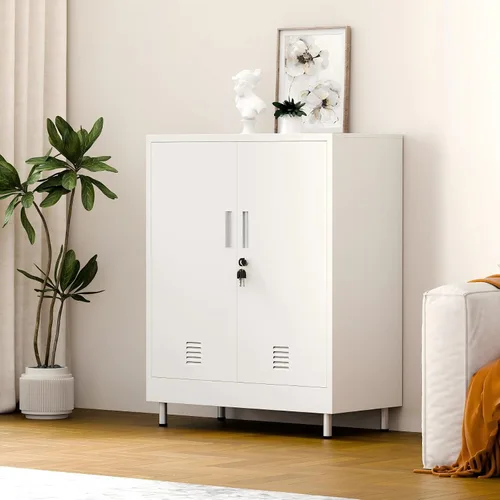 Miniatura 4 de JINGUR Armario de almacenamiento de metal con puertas de bloqueo y 2 estantes ajustables, armario de almacenamiento con cerradura para oficina