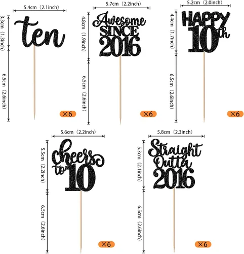 Miniatura 2 de Paquete de 30 adornos para cupcakes de 10º cumpleaños con purpurina recta hacia fuera de 2016, Happy 10th Ten Awesome Since 2016, 10 fabulosas