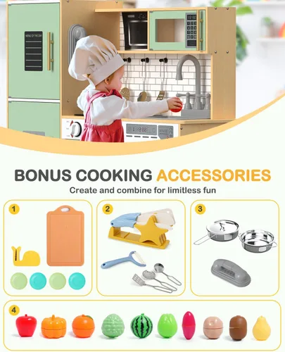 Miniatura 9 de Babytronic Juego de cocina de madera para niños, cocina de juego interactiva con luces y sonidos, juego de cocina de juguete para niños con grifo