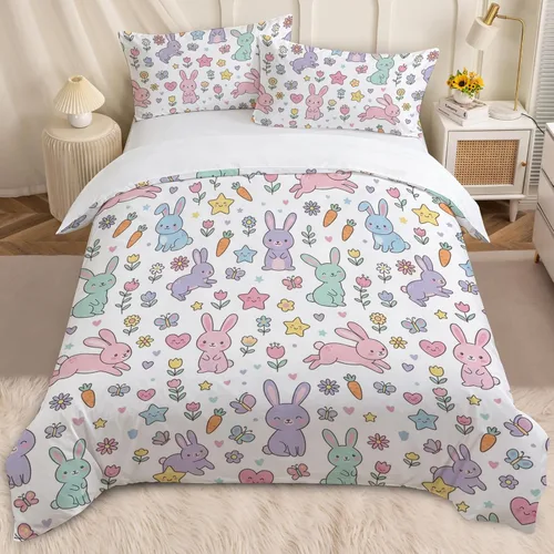 Miniatura 8 de BEDMUST Funda de edredón de unicornio tamaño individual, suave y lindo juego de ropa de cama de unicornio rosa con hojas de flores y pájaros azules