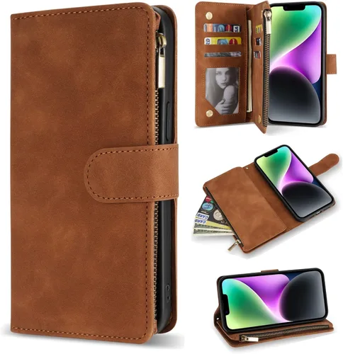 Miniatura 19 de ZZXX Funda tipo cartera para iPhone 14 Plus con [Bloqueo RFID] Ranura para tarjetas Cuero PU suave premium con cremallera tipo folio plegable