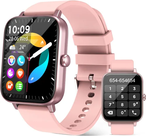 Reloj inteligente para mujer (respuesta/hacer llamada): rastreador de fitness impermeable de 1.85 pulgadas con presión arterial de 24 horas de Rosa
