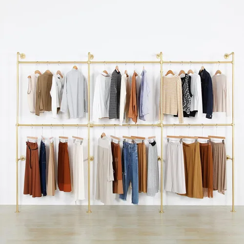 Miniatura 9 de Perchero industrial para ropa de tubería resistente, doble barra de armario, barras de ropa para colgar ropa, montaje en la pared, sistema