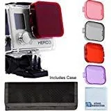 Kit de filtro de 4 piezas para GoPro Hero 3. Los filtros vienen con funda suave. Colores rojo, morado, rosa y gris. Agua verde buceo, agua tropical,