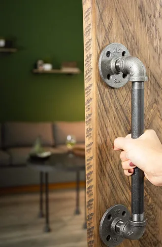 Miniatura 4 de Manija de puerta de granero industrial rústica, 10 pulgadas, accesorios de hierro gris de acero industrial auténtico, bridas y tubos para puertas