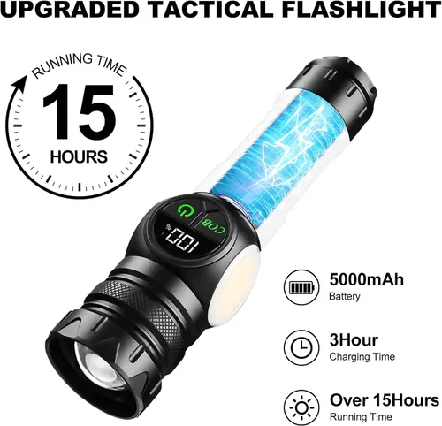 Miniatura 5 de iodoo Linterna recargable 3 en 1 de 5000 lúmenes, luz fuerte para exteriores de mazorca, haz de zoom de 5000 mAh, luz de flash LED con imán de falla