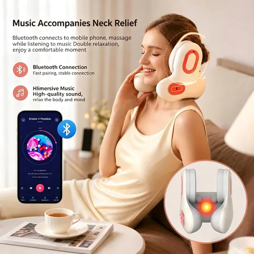 Miniatura 2 de Almohada de cuello de viaje 3 en 1 de espuma viscoelástica Vibración calentada Masaje Bluetooth Cancelación de ruido Soporte de cuello con altavoz