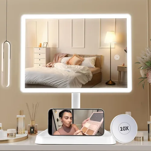 Miniatura 11 de FUNTOUCH Espejo de tocador de maquillaje recargable con luces, espejo de escritorio grande iluminado con 96 luces LED y aumento de 10x, iluminación