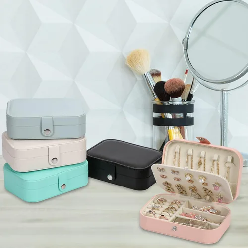 Miniatura 5 de XZUZ Joyero de viaje, organizador de joyas pequeño de piel sintética para niñas y mujeres, mini estuche de viaje portátil de doble capa para guardar