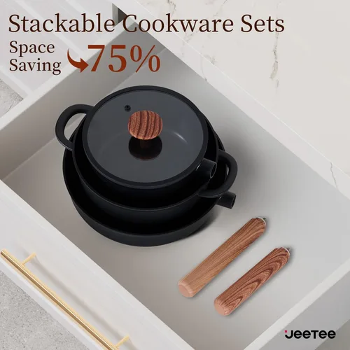 Miniatura 6 de JEETEE Juego de utensilios de cocina de cerámica, 15 ollas y sartenes antiadherentes con asas extraíbles, juego de utensilios de cocina de inducción