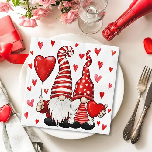 Miniatura 4 de Paquete de 80 servilletas de papel para el día de San Valentín, diseño de gnomo y corazón, servilletas decorativas, para almuerzo, cena, cumpleaños