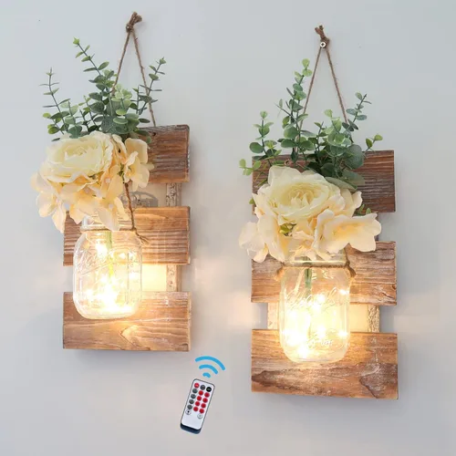 Miniatura 9 de Conjunto de Decoración de Pared Rústica de Dos Piezas - Apliques de Frasco Mason con Luces de Hadas LED y Flor de Rosa, Decoración del Hogar Arte