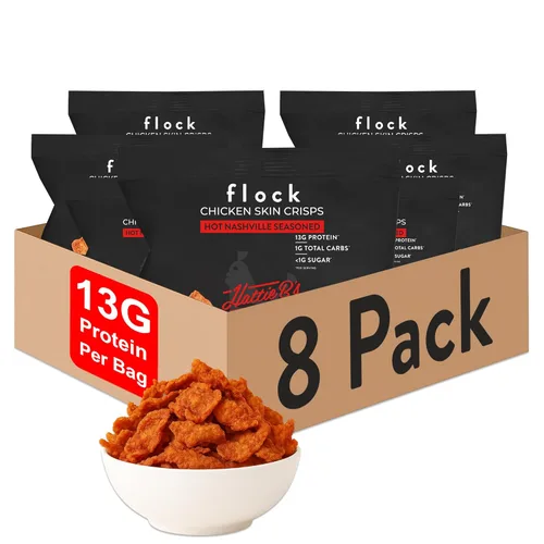 Flock Chips de piel de pollo Keto | Hattie B's Nashville Hot Flavor | Pieles de pollo fritas bajas en carbohidratos, altas en proteínas, sin azúcar,