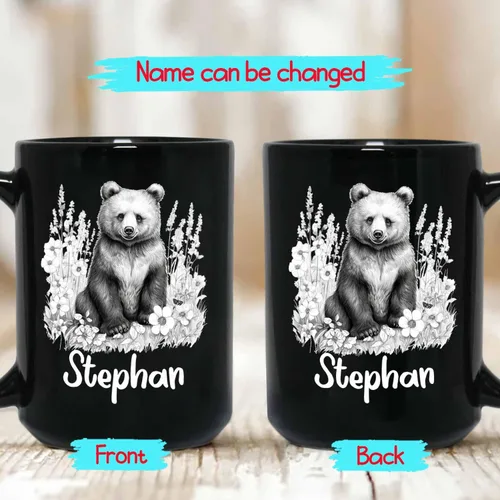 Miniatura 2 de Taza de café negra con diseño de oso de lápiz personalizada, regalo para los amantes de los osos, mamá y papá, taza de café de oso con dibujos