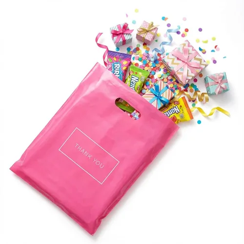 Miniatura 4 de Purple Q Crafts Bolsas de compras de plástico troqueladas rosadas con logotipo de agradecimiento de 9 x 12 pulgadas con asas, paquete de 50