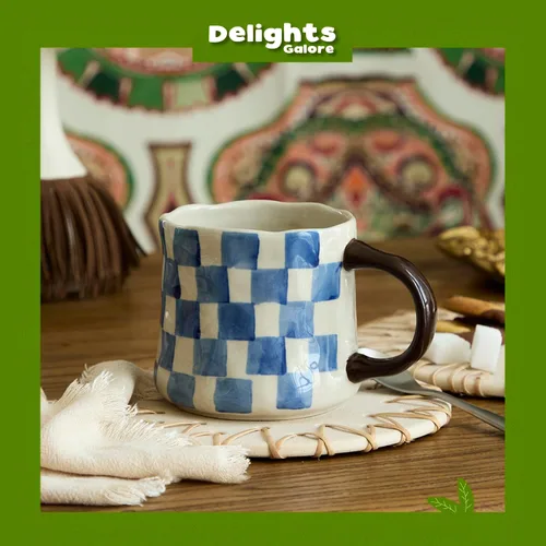 Miniatura 2 de Taza de café de cerámica a cuadros retro de 16 onzas, mango extragrande, apta para microondas, taza de té con patrón vintage para el hogar, oficina